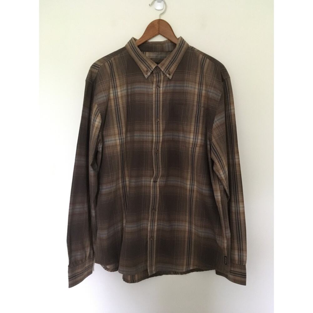 prAna Broderick Long Sleeve Shirt Mens XL Brown Orange Organic Cotton M23170452